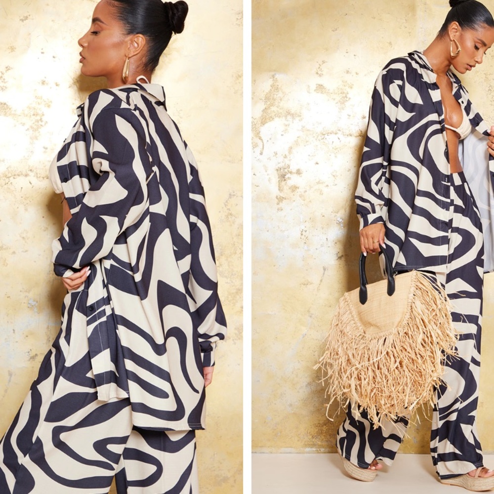 Sand Swirl Linen Look Button Up Beach Shirt and Pants Set
